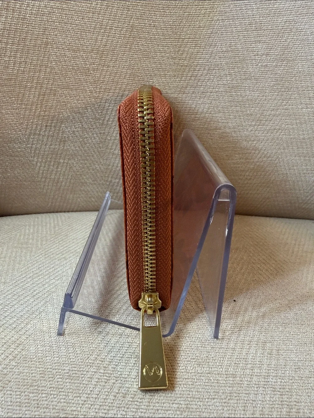 Valentina Compact Embossed Zip Wallet in Rust Tan with Gold Hardware